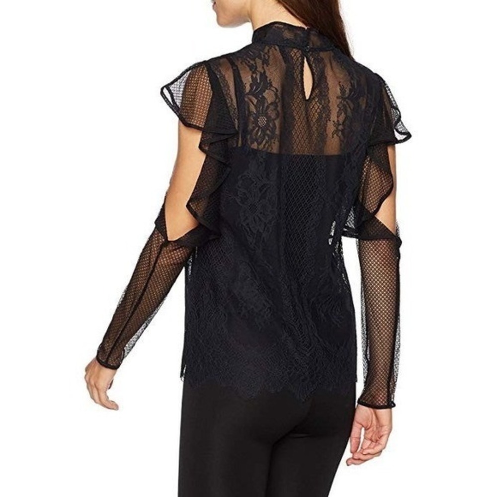 BCBGMaxAzria Sabian Black Lace‎ Ruffle Cold Shoulder Mock Neck Blouse Top XXS - Picture 3 of 12